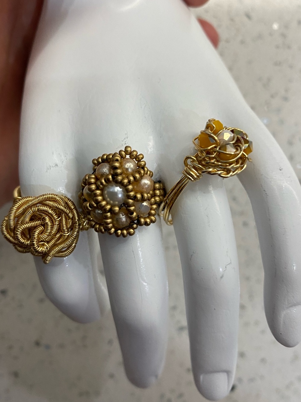 Handmade Gold Wire & Beaded Rings Set of 3 Size 8-9